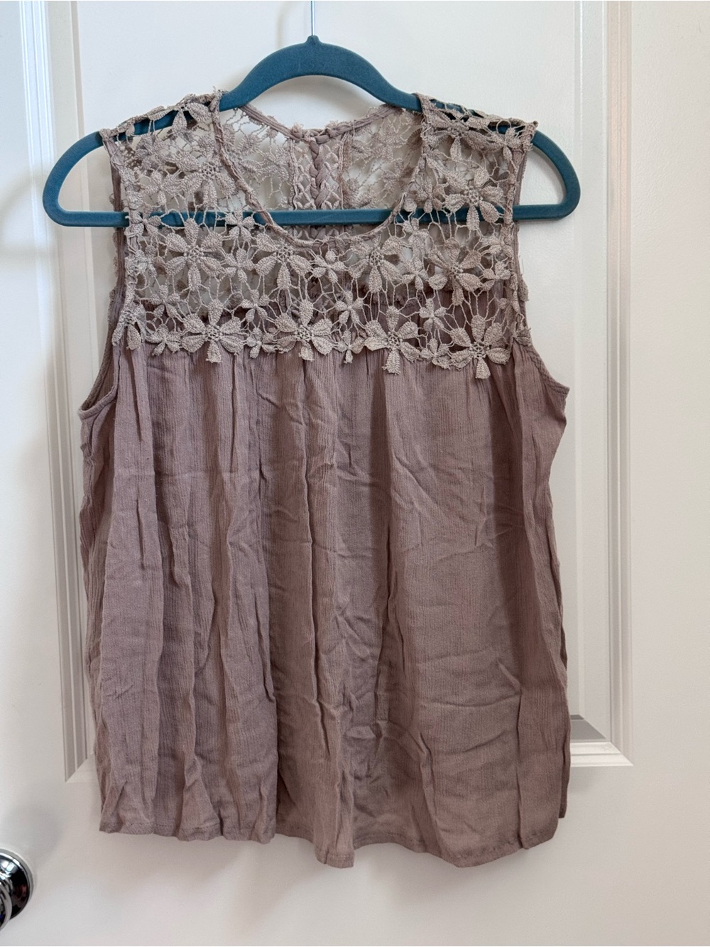 Sleeveless Crochet Yoke Tank Top - Taupe